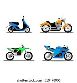 Conjunto de cuatro tipos de motocicletas de diseño plano, vectorial, aislado, moto, bicicleta