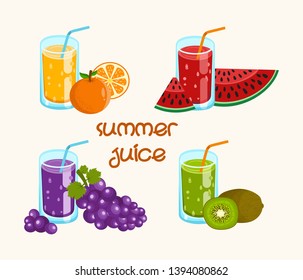 The set of four types of tropical fruit juice consists of, orange, watermelon, grapes and kiwi