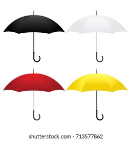 Set of four umbrellas - white, black, red, yellow mockups. Parasol isolated on white background. Vector illustration