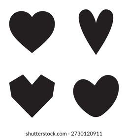 Um conjunto de quatro formas únicas de coração negro em um fundo branco limpo, perfeito para projetos de design e criativos