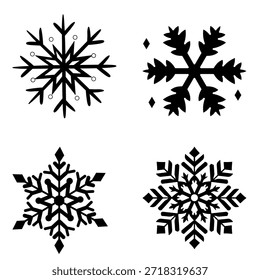 Set von vier einzigartigen schwarzen Schneeflocken Silhouetten. Hochwertige EPS-Vektorelemente mit komplizierten geometrischen Kristalldesigns für das Winterbranding, Urlaubskarten und saisonale Muster.