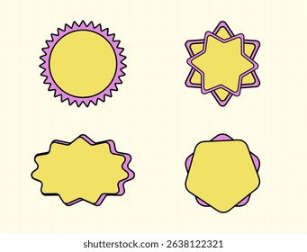 A set of four unique, decorative yellow frames with thick black and pink outlines, featuring various wavy and pointed shapes. Ideal for labels or badges. - Powered by Shutterstock - Get 15% off with code: PIKWIZARD15