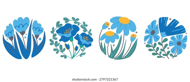 Set of four unique floral designs featuring beautiful blue blossoms. Each element is arranged in a charming round shape.