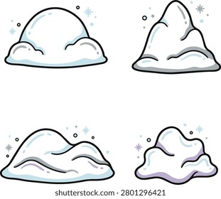 A set of four unique hand drawn snow pile and snowdrift illustrations. Each snowbank is depicted in a simple cartoon style with black outlines and subtle shading.