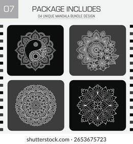 A set of four unique mandala designs featuring intricate linework against a black background. The art is clean and minimalist, perfect for coloring or creative projects.