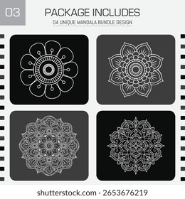 A set of four unique mandala designs in white line art on a black and gray background. This bundle offers a variety of intricate floral patterns for creative projects.