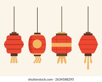 Un conjunto de cuatro faroles asiáticos rojos únicos. Tradicionalmente utilizado en eventos como el Año Nuevo Chino y el Festival de Mediados de Otoño. ideal para diseños festivos, promociones culturales o uso educativo