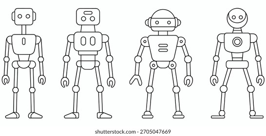 Conjunto de cuatro esquemas de personajes de robot únicos, arte de línea para la tecnología y conceptos de IA