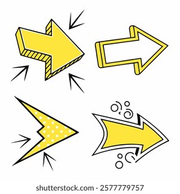 A set of four unique stylized yellow directional arrows pointing right, useful for business