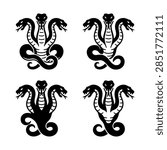 A set of four unique three-headed snake or hydra icons, designed in a bold black and white vector style suitable for logos, heraldry, and gothic-themed graphics.