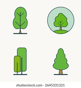 Set of Four Unique Tree Icons in Minimalist Flat Style with Different Shapes and Green Foliage on White Background