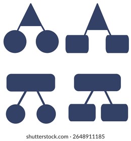 Ensemble de quatre graphiques hiérarchiques d'Images vectorielles uniques avec des formes triangulaires et rectangulaires dans une palette de couleurs bleu foncé, idéal pour les organigrammes ou la visualisation de données.
