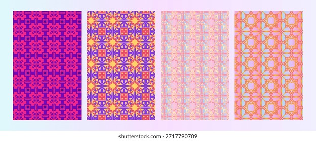 Un conjunto de cuatro patrones geométricos únicos, vibrantes y abstractos sin costuras con colores atrevidos y diseños modernos. Perfecto para fondos digitales, impresiones textiles, marcas y proyectos creativos.