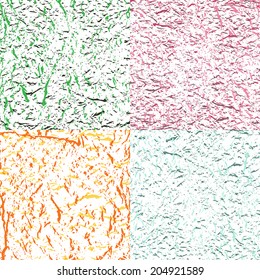 Set of four unusual backgrounds in green, orange, blue and pink colors. Vector imitation texture crumpled paper. Grunge textures for decoration, templates, background etc