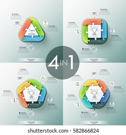 Set of four unusual infographic design templates. Rounded polygons with 3, 4, 5, 6 connected jigsaw puzzle elements, icons and text boxes. Vector illustration for presentation, website, brochure.