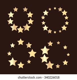 Set of four unusual vector round frames made from little different sized stars - gold on a black background