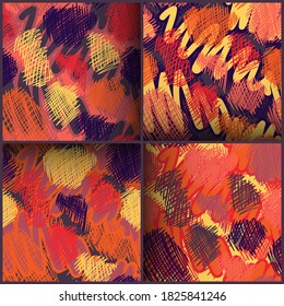 Set of four urban seamless colorful patterns with wave hand drawn lines