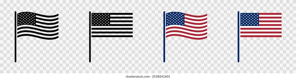 A set of four usa flags displayed differently, showcasing black and color versions.