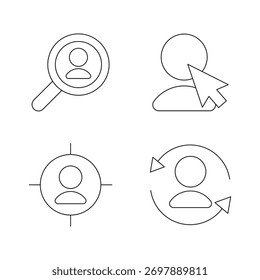 Conjunto de quatro ícones de perfil de usuário para atividades e serviços.