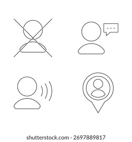 Conjunto de cuatro iconos de perfil de usuario para la comunicación y la ubicación.