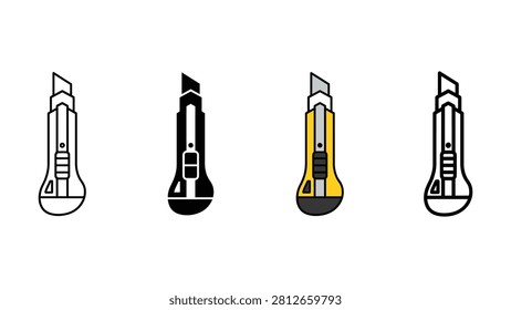 Set of four utility cutter knife icons in various design styles