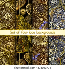Set of four Valentine Day background with hearts and flowers. Hand drawing floral motif vintage vector EPS-8 texture. 