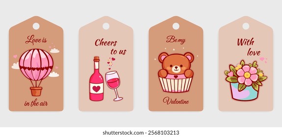 Set of four Valentine's Day gift tags with cartoon hot air balloon, wine, teddy bear, flower, romantic text. Love greeting banners for labeling wedding print designs, floral arrangement, packaging,