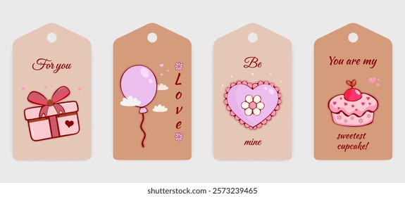 Set of four Valentine's Day gift tags featuring romantic designs, including a gift box, balloon, heart, and cupcake with loving messages. Vector art for packaging, print designs.