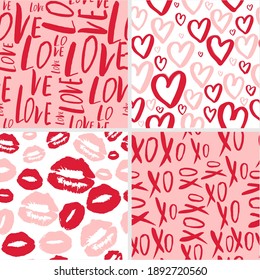 Set of four Valentine's day seamless patterns with hearts, kisses and words Love, XoXo