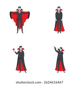 Conjunto de quatro ilustrações de vampiros mostrando diferentes poses e emoções, ideais para projetos temáticos halloweenthemed