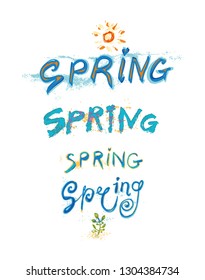 Set of four variants of the graphic writing of the word Spring. Modern inscription Spring and painted flowering branch. Vector watercolor hand drawn illustration inscriptions Spring pattern.
