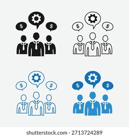 Ein Satz von vier Variationen eines Unternehmens-Teamwork- und Finanzsymbols, das drei Geschäftsleute-Figuren mit Sprechblasen mit Dollarzeichen und einer zentralen Sprechblase mit einem Zahnradsymbol zeigt, 