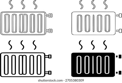 Um conjunto de quatro variações de um clássico ícone de radiador de ferro fundido, mostrando o calor subindo através de linhas onduladas, incluindo contorno detalhado, arte de linha simplificada e estilos de silhueta sólida, simbolizando o aquecimento doméstico