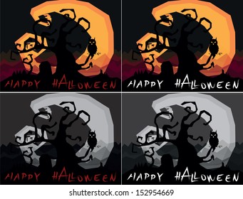 set of four variations halloween horror landscapes with scary tree