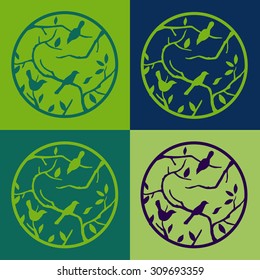 Set of four variations of silhouette illustrations of birds and branches in ring in different colors