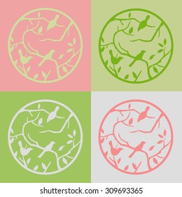 Set of four variations of silhouette illustrations of birds and branches in ring in different colors