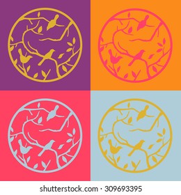 Set of four variations of silhouette illustrations of birds and branches in ring in different colors