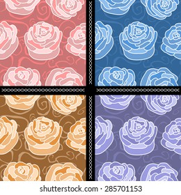 Set of four varicolor seamless patterns with roses with wavy ornament on background