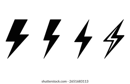 Set of four varied electric bolt shapes in black color on a white background. It represents lightning symbols and thunderbolt designs in silhouette.