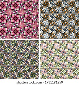 set of four variegated seamless patterns. overlapping squares, stripes with rounded corners, segments grouped and lined up in rows. vector 