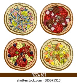 set of four varieties of pizzas, freehand drawing