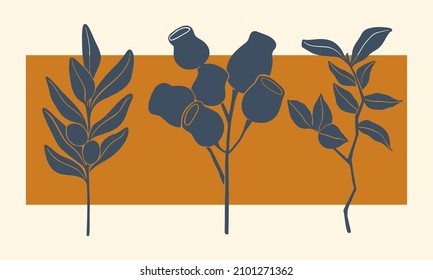 Set of four various Branches with Leaves and Flowers. Abstract elegant floral drawing. Hand drawn trendy Vector illustration.  Perfect For your own decoration or design, fabric design