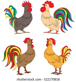 Set of four various colourful amusing roosters, vector illustrations isolated on the white background