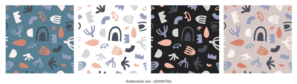 Set of four various cute childish seamless endless patterns with doodle cartoom comic hand drawn elements, pastel dark and light background for printing, textile, fabric, kids, children production