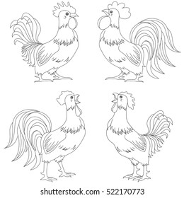 Set of four various funny rooster vector outlines isolated on the white background