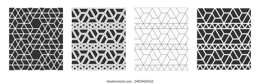 Set of four vctor seamless geometric patterns. Mosaics. Polygonal trellis on the base of triangular grid. Hexagons, triangles, rhombuses patterns. Abstract seamless black and white vector backgrounds.