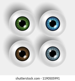 Set of four vector 3d shiny eyeballs with colorful iris on white background