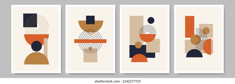Set of four vector abstract contemporary backgrounds, geometric shapes, organic shapes. Aesthetic boho wall decor concept