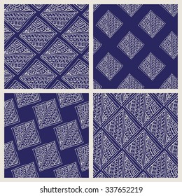 Set of four vector abstract seamless pattern from light beige hand drawn outline geometrical triangle and rhombus ornament on a dark indigo blue background.Textile print.Ethnic embroidery.Batik paint