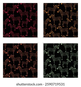 Set of four vector animal print seamless patterns with colorful zebra silhouette illustrations on a black background